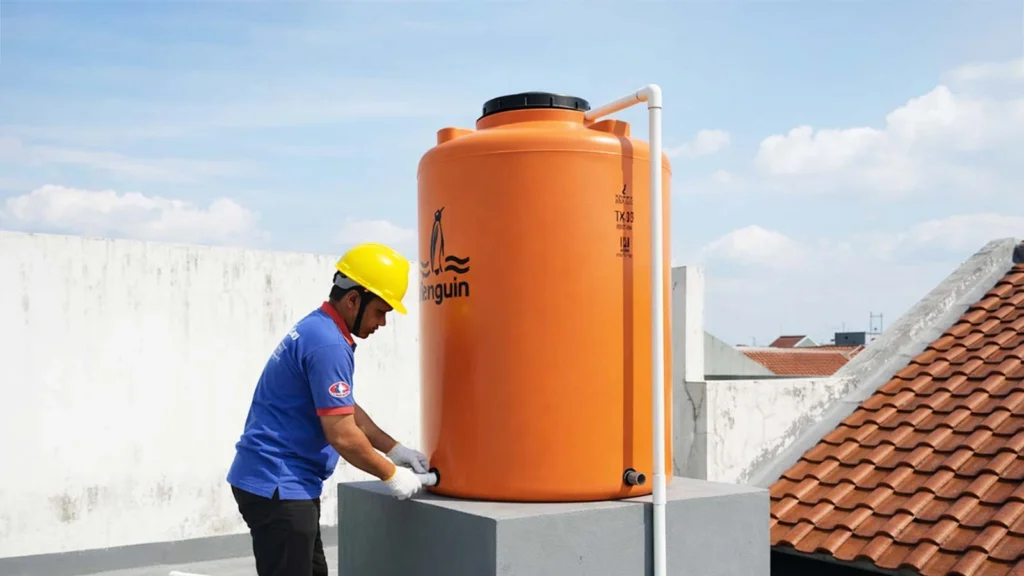 Memasang jalur pemipaan tangki air